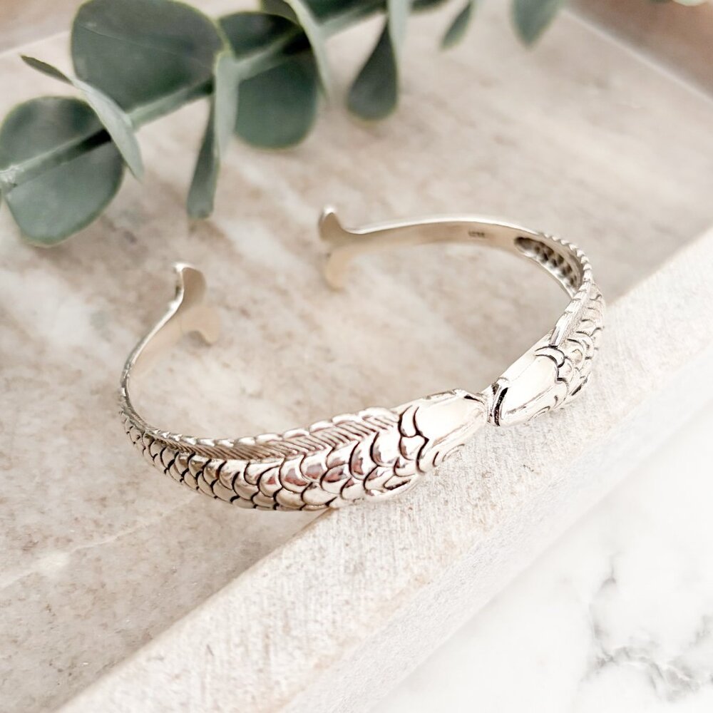 925 Sterling Silver Cuff Bracelet Fish Bracelet Bangle Bracelet - Picture 5 of 8